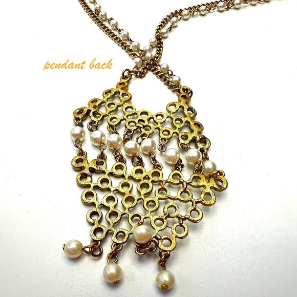 '60s NECKLACE STACK: Gold Geometric Pendant w/Pearls & Vendome Mesh Bib Pairing - Picture 8 of 16